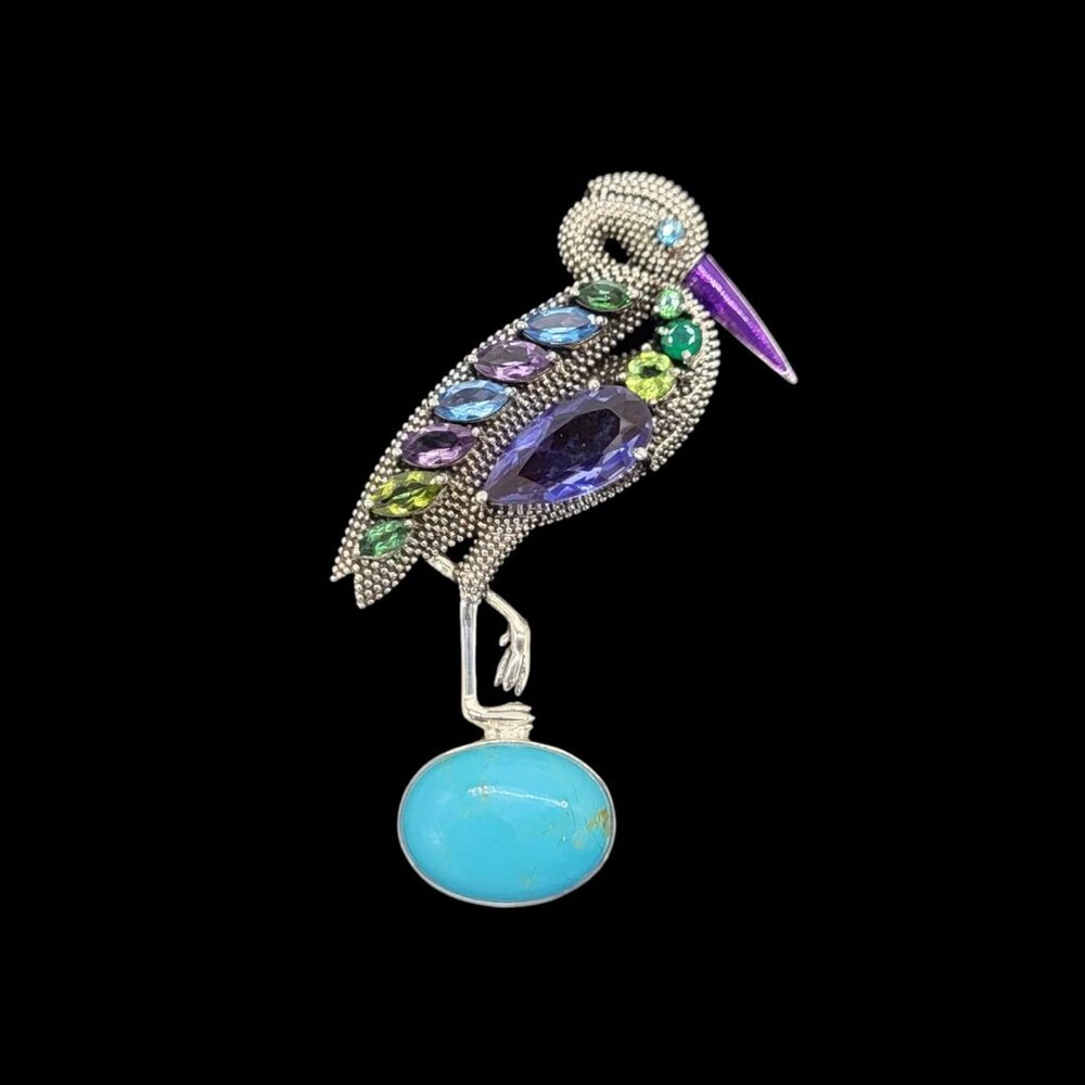 Nicky Butler Rare Heron Brooch Pendant Turquoise & Gemstone .925 Sterling SIlver